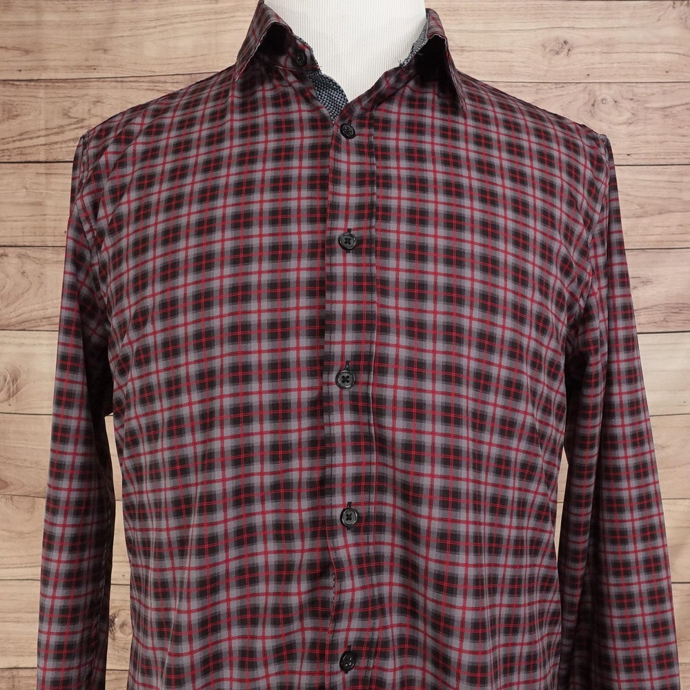 CON.STRUCT Shirt Mens L Gray Plaid Long Sleeve Button-Up Slim Fit 4 Way Stretch